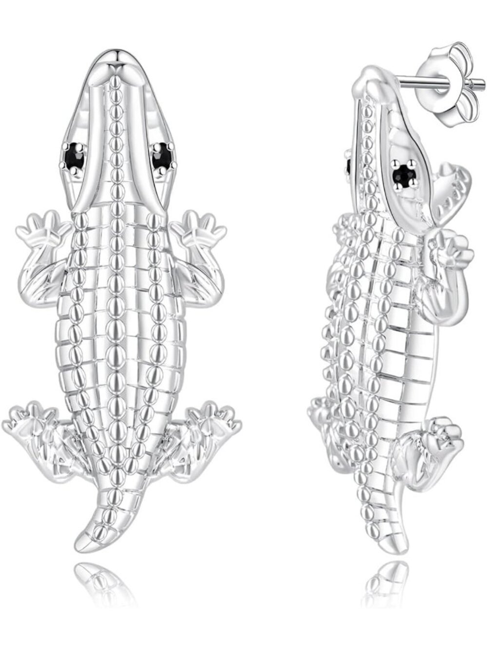 Chic Silver Alligator Stud Earrings with CZ - Unique Crocodile Bite Design